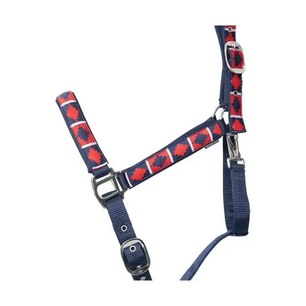 Navy blue and red patterned hy equestrian woven polo head collar with stylish woven aztec design and silver buckles