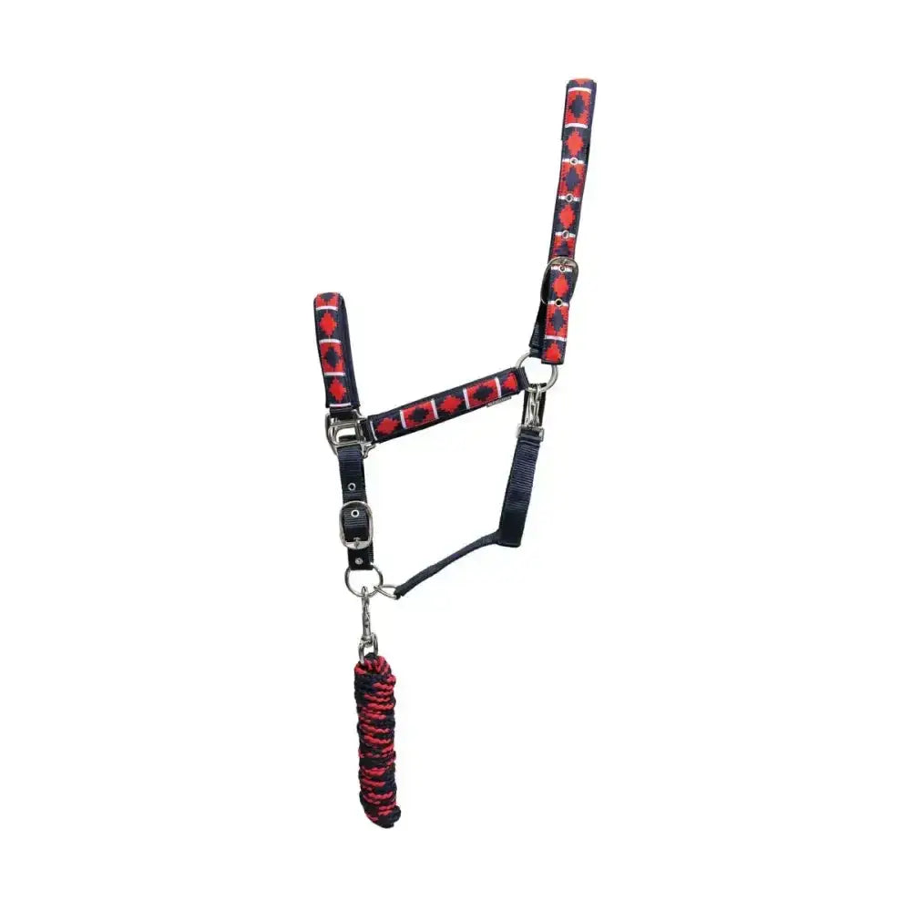 Hy Equestrian woven polo head collar and lead rope in red and black stylish woven aztec pattern with silver hardware