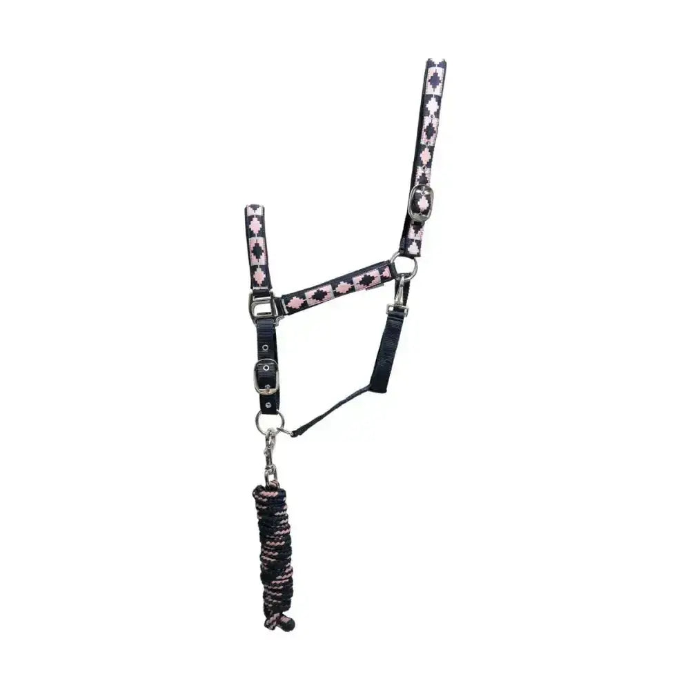 Black and pink hy equestrian woven polo head collar with silver hardware and braided lead rope stylish woven aztec design