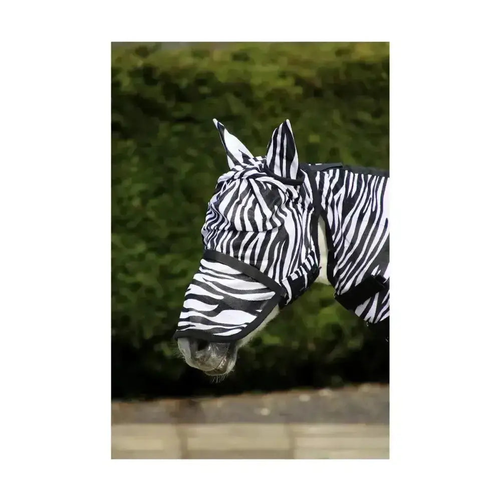 Hy Equestrian zebra fly mask for horses in black and white with ears and detachable nose for fly protection