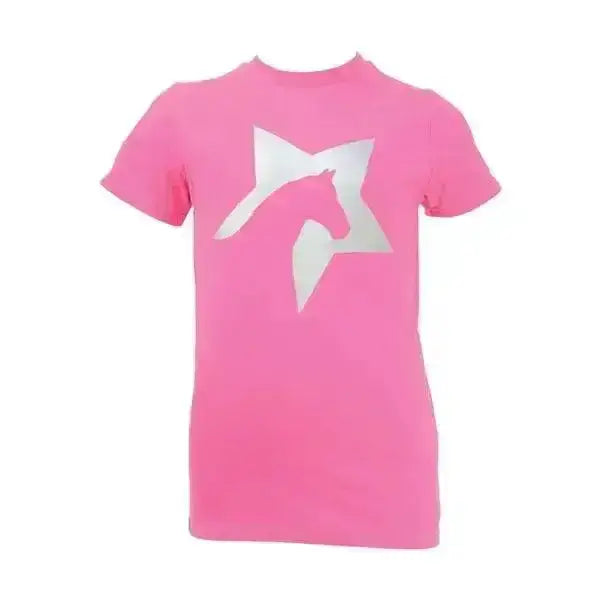 A vibrant pink kids riding t-shirt with a bold white star and horse graphic from equestrian zeddy glitter collection