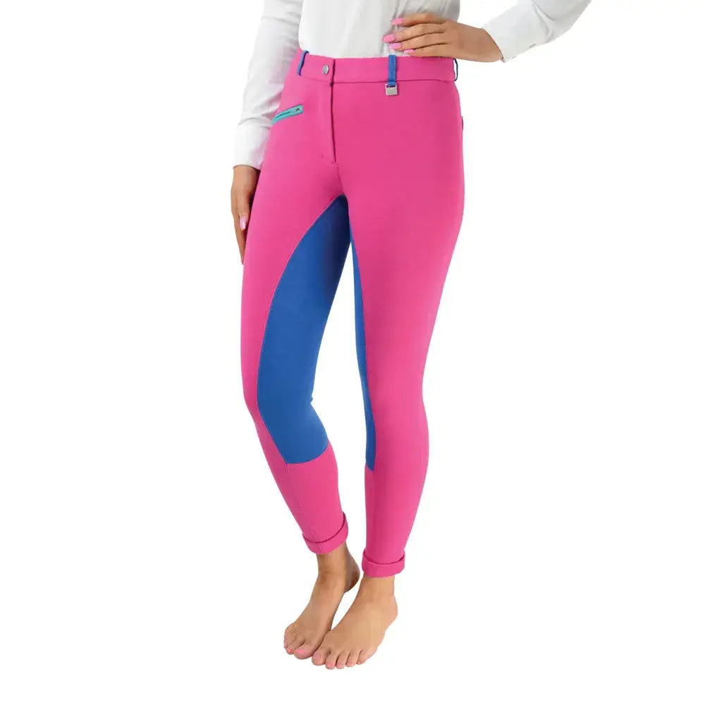 Bright pink and blue equestrian zeddy mizs jodhpurs with a sleek form-fitting design perfect for riding
