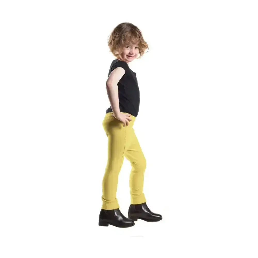 Bright yellow stretchy equestrian zeddy tots jodhpurs with snug fit paired with black footwear perfect for riding