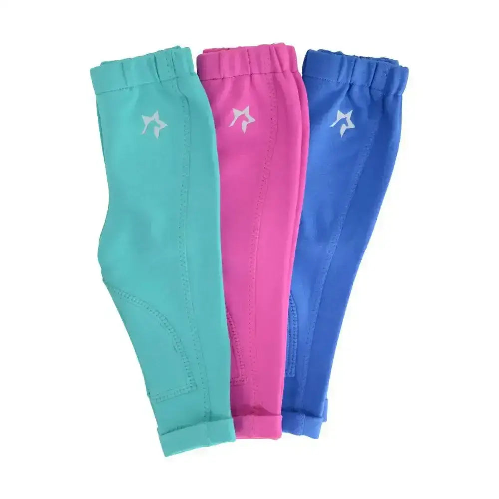 Three vibrant equestrian zeddy tots pull-on jodhpurs in teal pink and blue with white star logo on thigh
