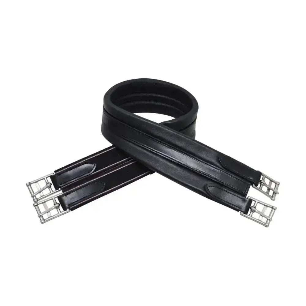 Black leather soft leather girth with silver buckles from hy equestrianatherstone girth elasticated one end subtly contoured
