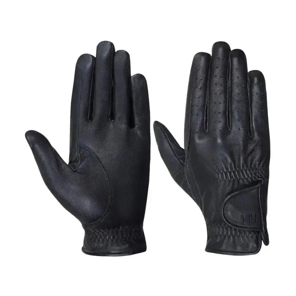 Black leather childs riding gloves with perforated fingers and snug elastic wristband, riding gloves ideal for comfort
