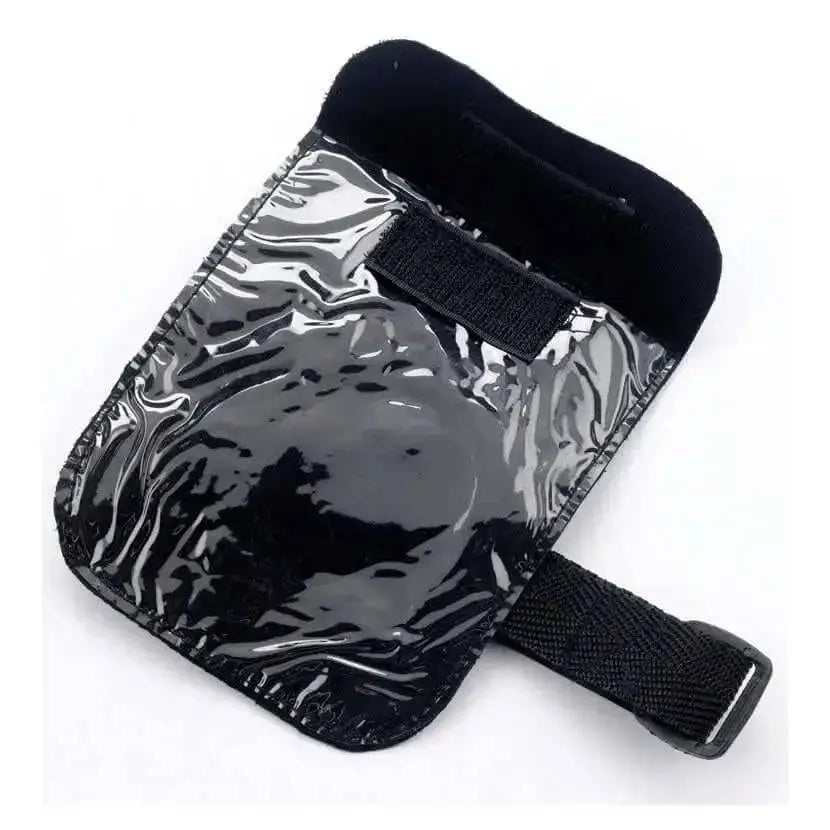 Black glossy vinyl hy medical arm bands card holder with black fabric strap and velcro for standard medical card use