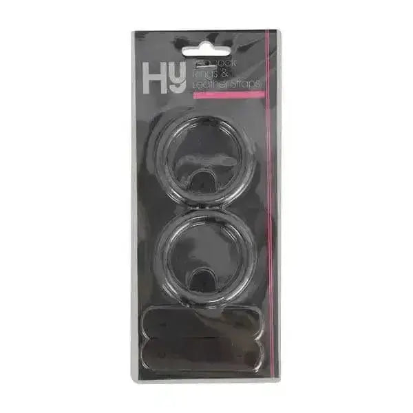 Black plastic packaging with hy labeled clear peacock rubber rings and leather straps for replacement rubber bands in stirrups