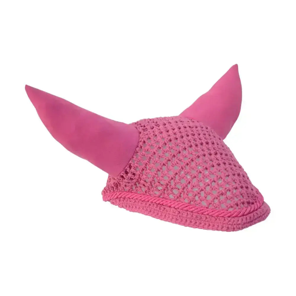 Pink crocheted horse ear bonnet with soft suede-like horns from hy showjump fly veils collection