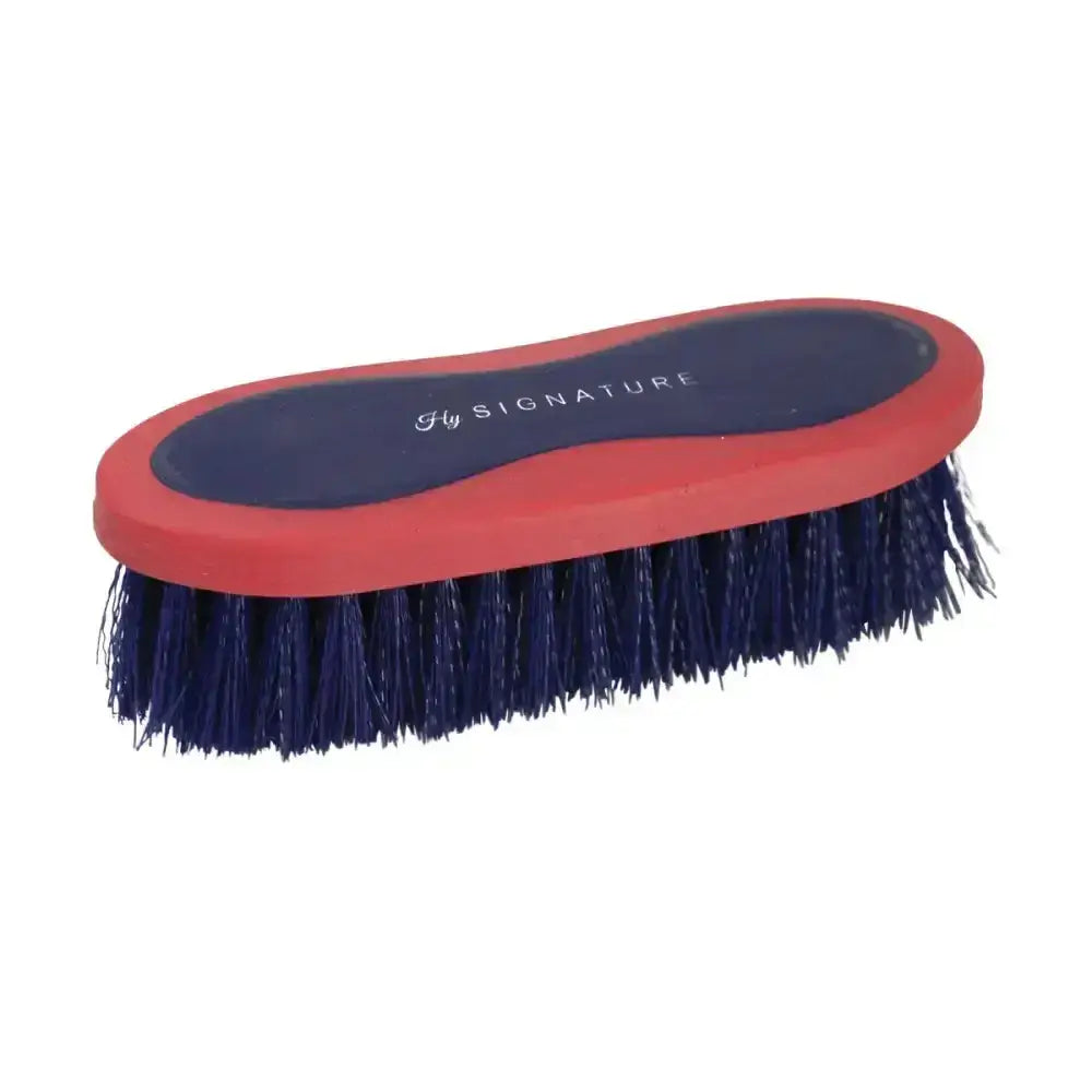 Red and navy blue hy signature dandy brush with stiff pp bristles and rubberized soft touch handle for grooming horses