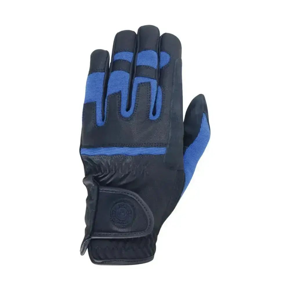 Hy signature riding gloves in black and blue with reinforced leather palms and durable pu fabric for flexible fit