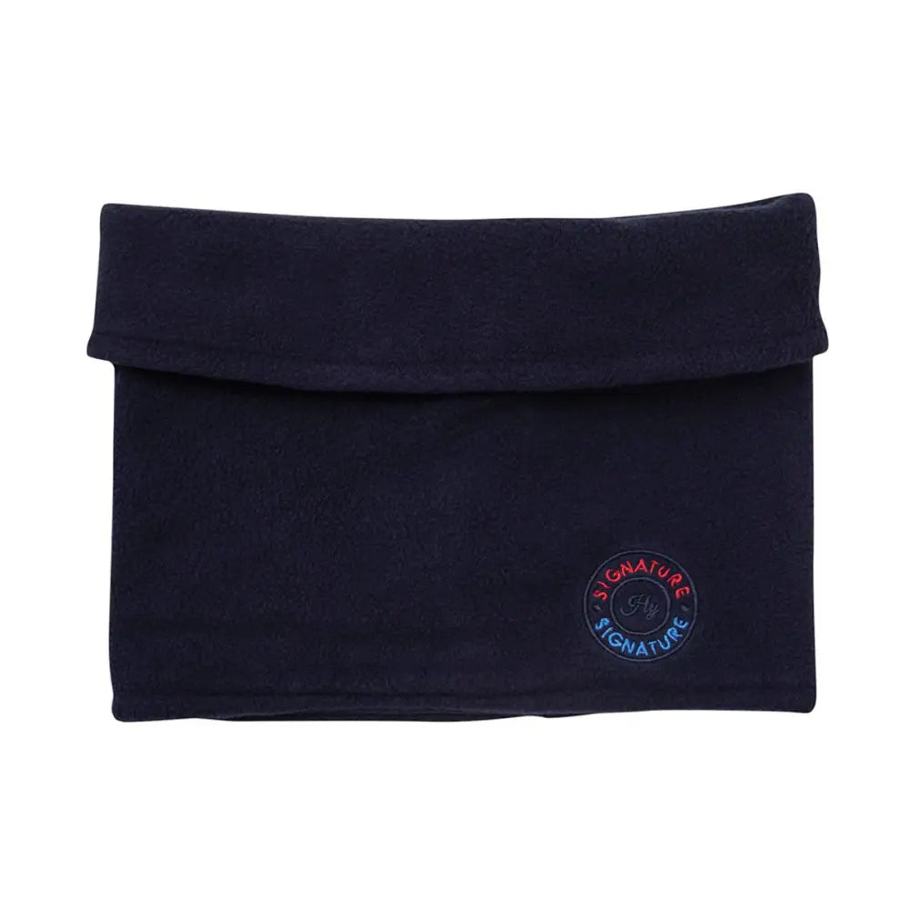 Dark navy blue fleece neck warmer with circular embroidered signature logo in red and blue soft fleece material