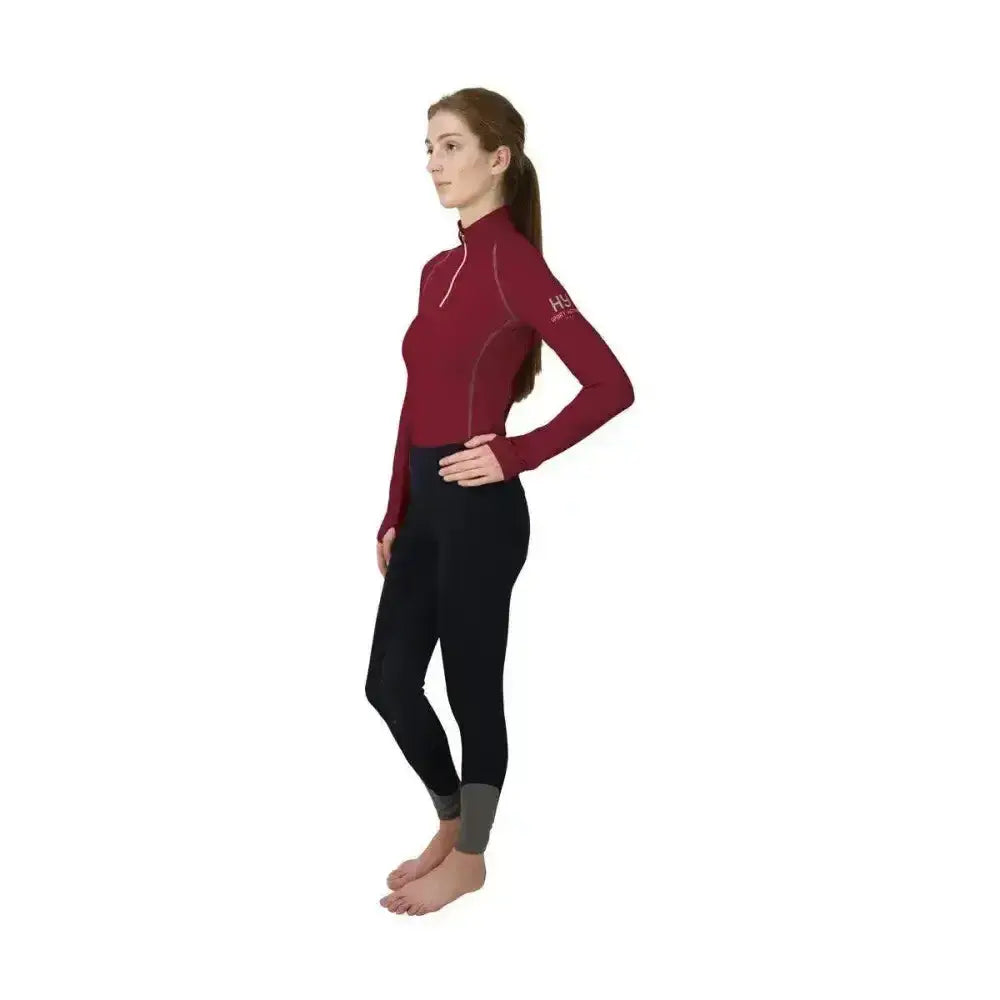 Maroon hy sport active base layer with close fit base, soft breathable fabric, high collar, and zipper detail