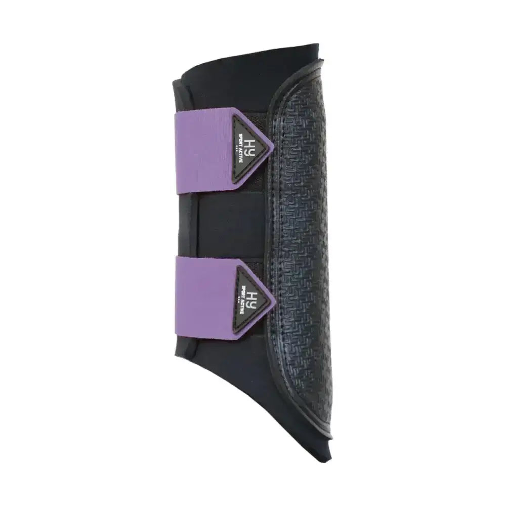 Black and purple hy sport active brushing boots with textured grip and adjustable straps perfect for cross country rides