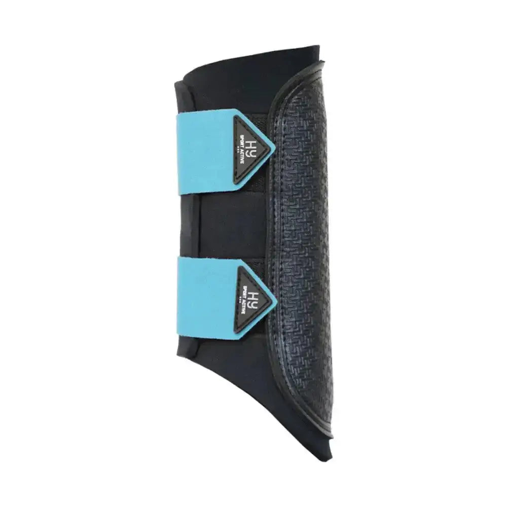 Black and teal hy sport active brushing boots with textured grip and logo patches perfect for cross country rides in wonderful countryside