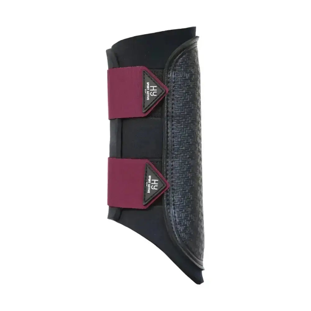 Black and burgundy Hy Sport active brushing boots with textured leather-like material and branded triangular fasteners perfect for cross country in the wonderful countryside