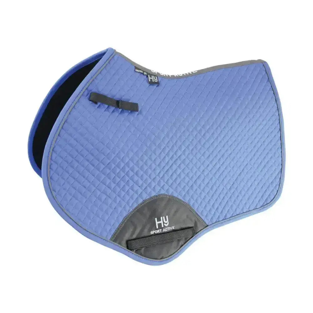 Blue quilted hy sport active close contact saddle pad with gray trim and black lining for active close contact riding