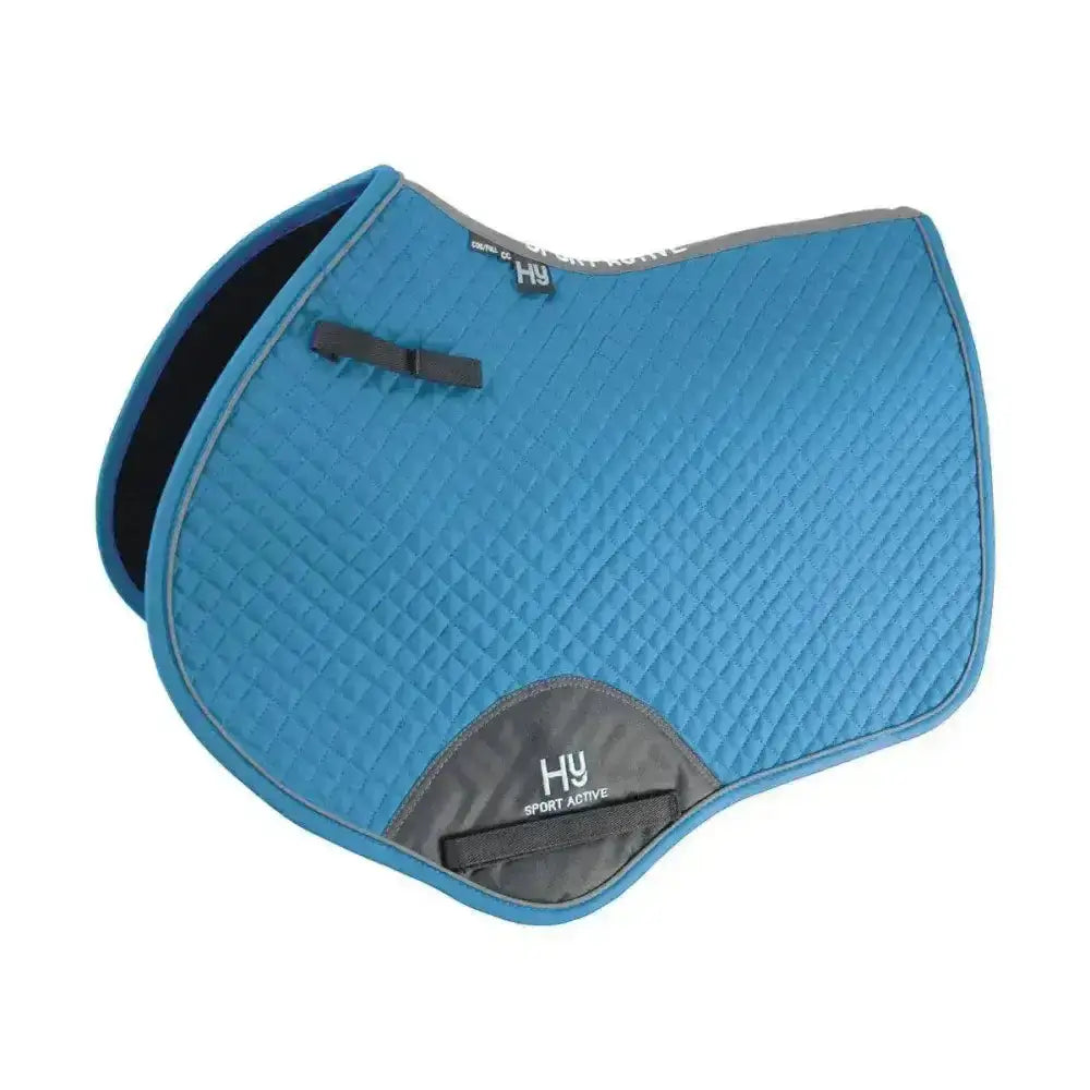 Blue quilted hy sport active close contact saddle pad with gray accents and black trim for active close contact use