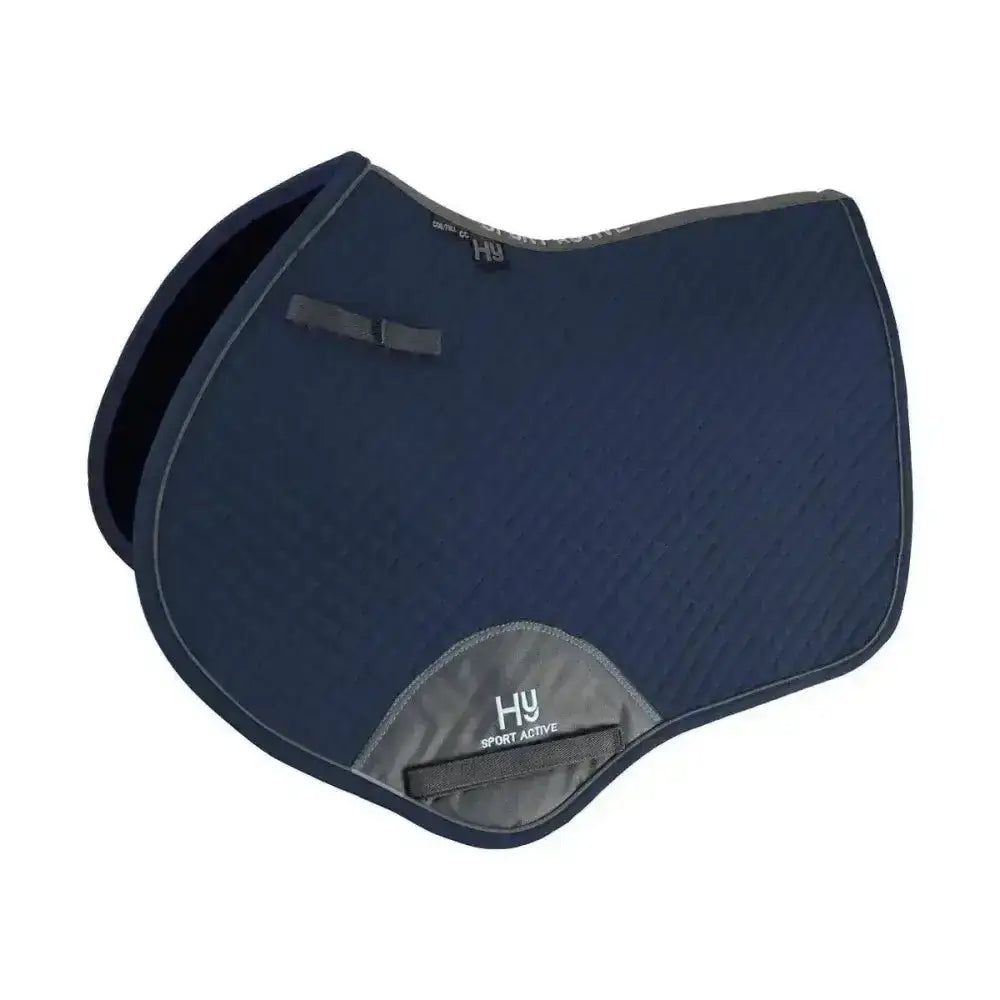 Navy blue hy sport active close contact saddle pad with gray trim and reinforced stitching for active close contact saddle use