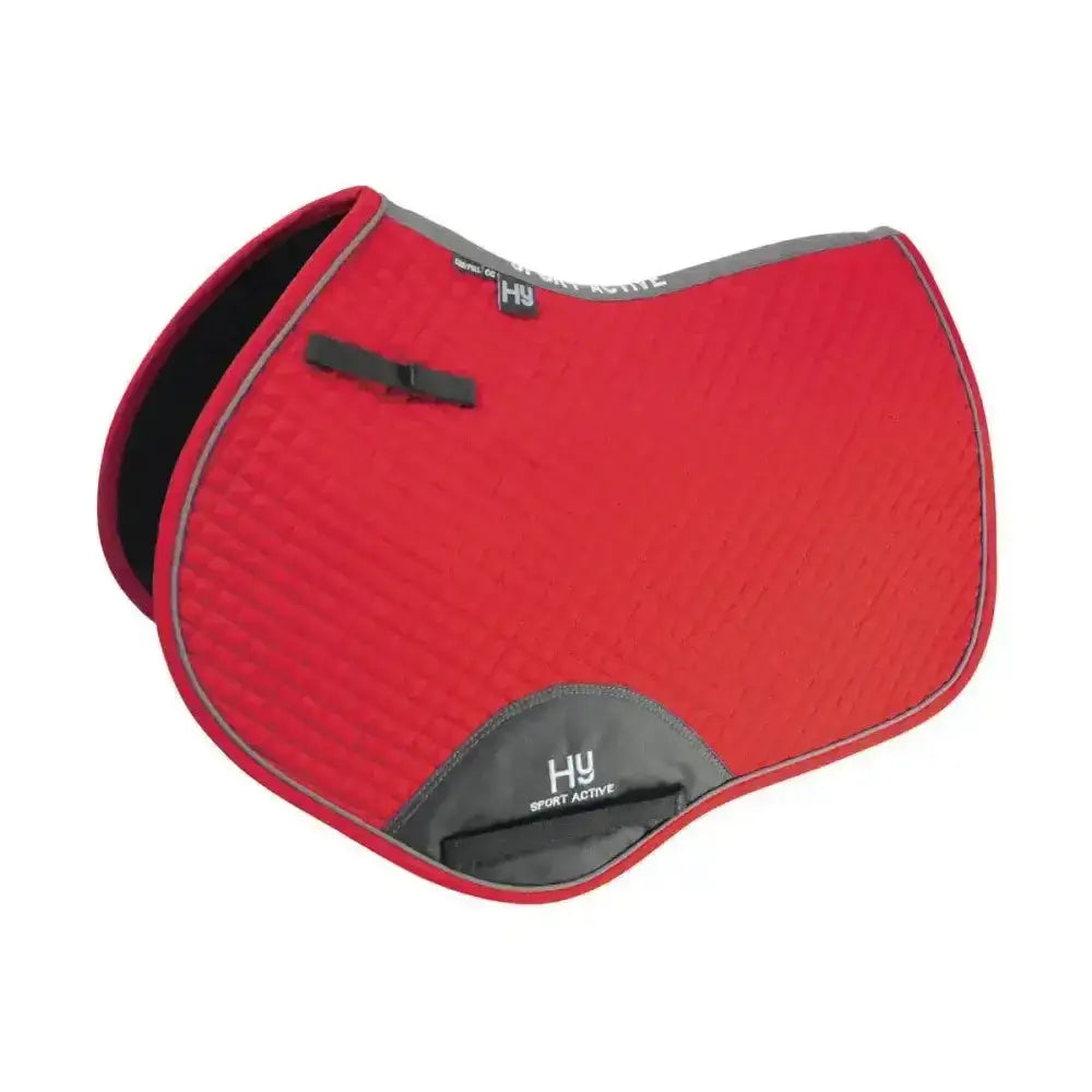 Red hy sport active close contact saddle pad with gray trim and black interior for active close contact riding