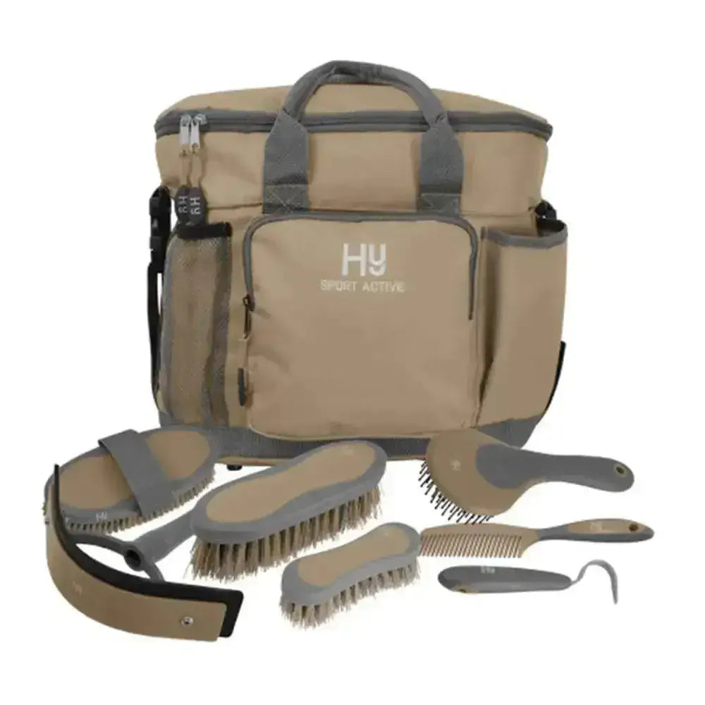Tan and gray hy sport active complete grooming bag with multiple brushes comb and hoof pick for equestrian active groom
