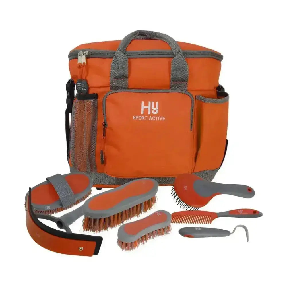 Orange and gray hy sport active complete grooming bag with multiple brushes comb and hoof pick for equestrian active groom