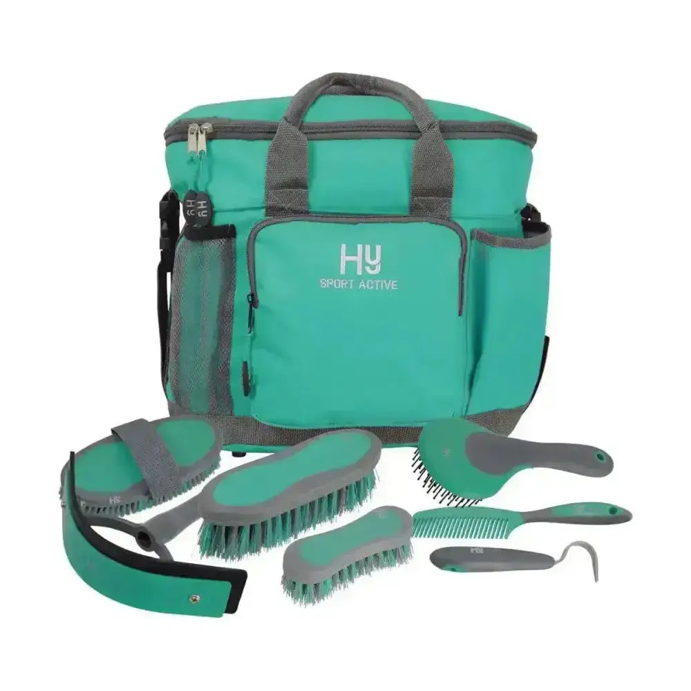 Teal and gray equestrian active groom kit with brushes comb and hoof pick in hy sport active complete grooming bag