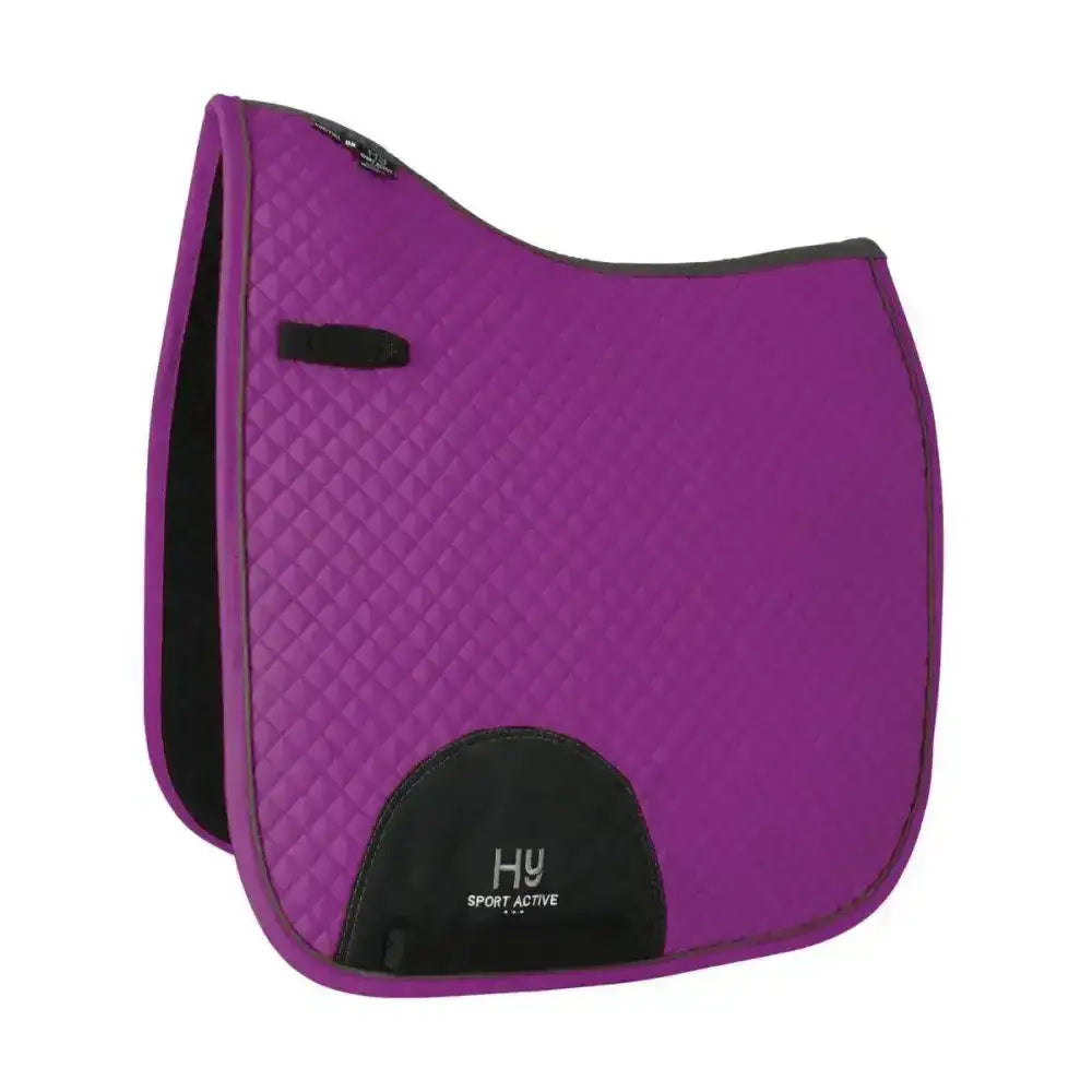 Purple quilted hy sport active dressage saddle pad with black trim and branded patch featuring signature hywither cut