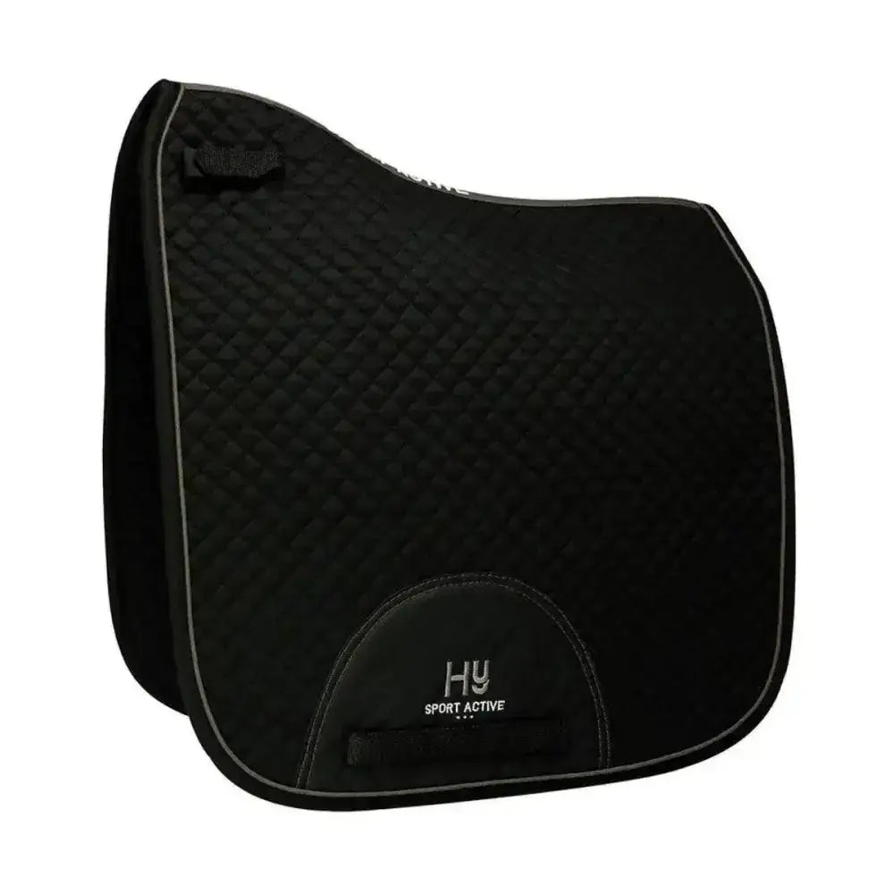 Black hy sport active dressage saddle pad with textured surface and subtle gray stitching featuring signature hywither cut