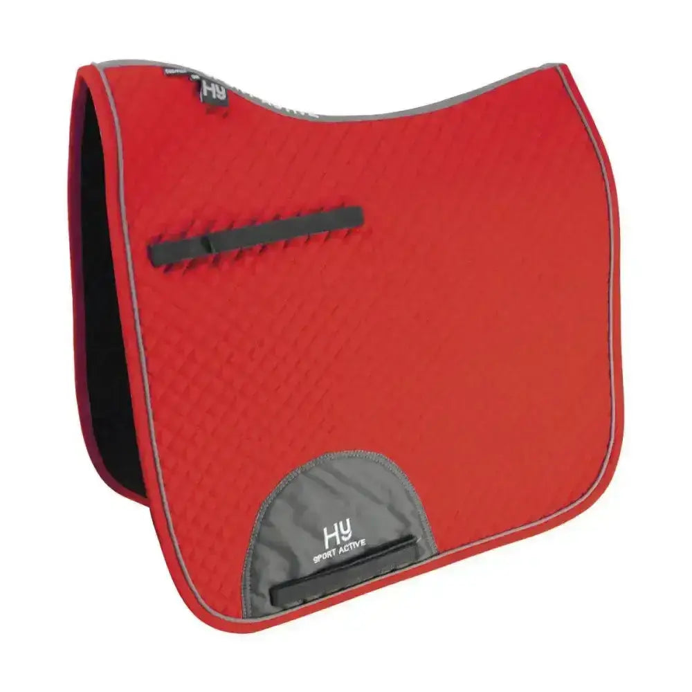 Red hy sport active dressage saddle pad with gray accents and black zipper pull featuring signature hywither cut