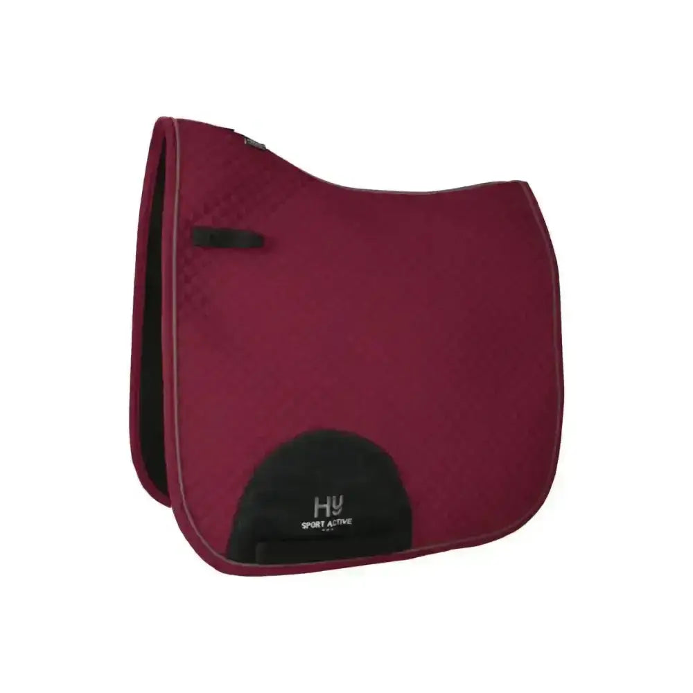 Maroon hy sport active dressage saddle pad with black trim and signature hywither cut logo patch for sport active dressage