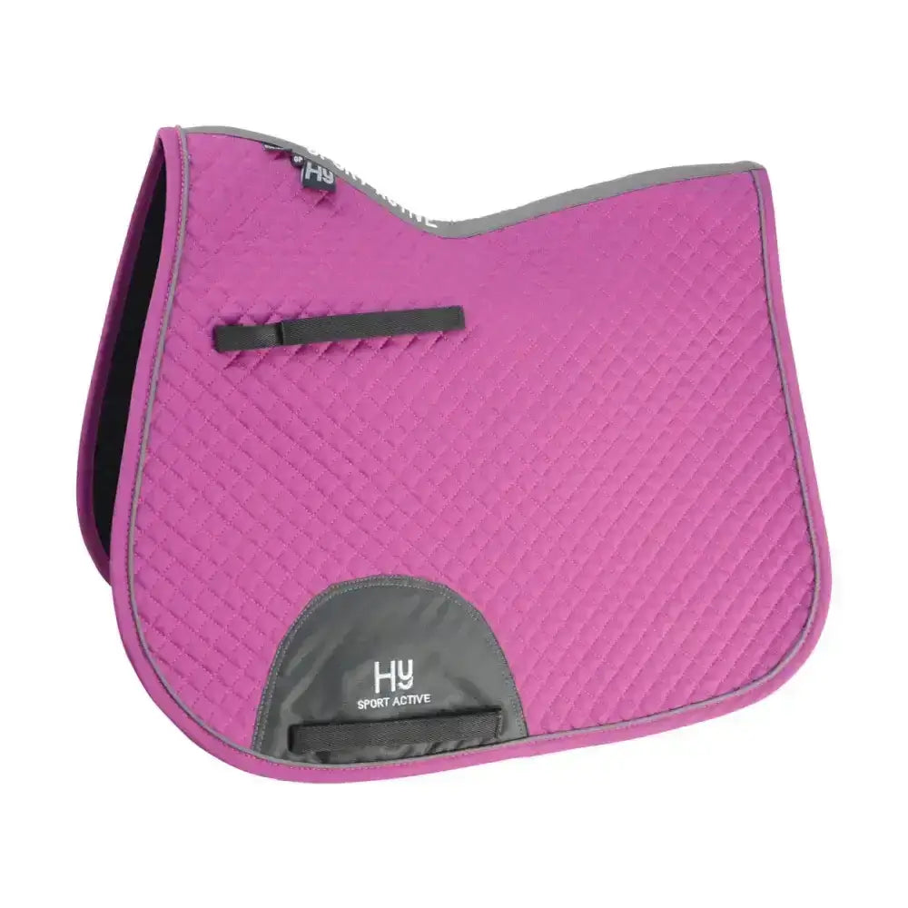 Pink quilted classic shaped general purpose saddle pad with gray trim and hy sport active logo patch