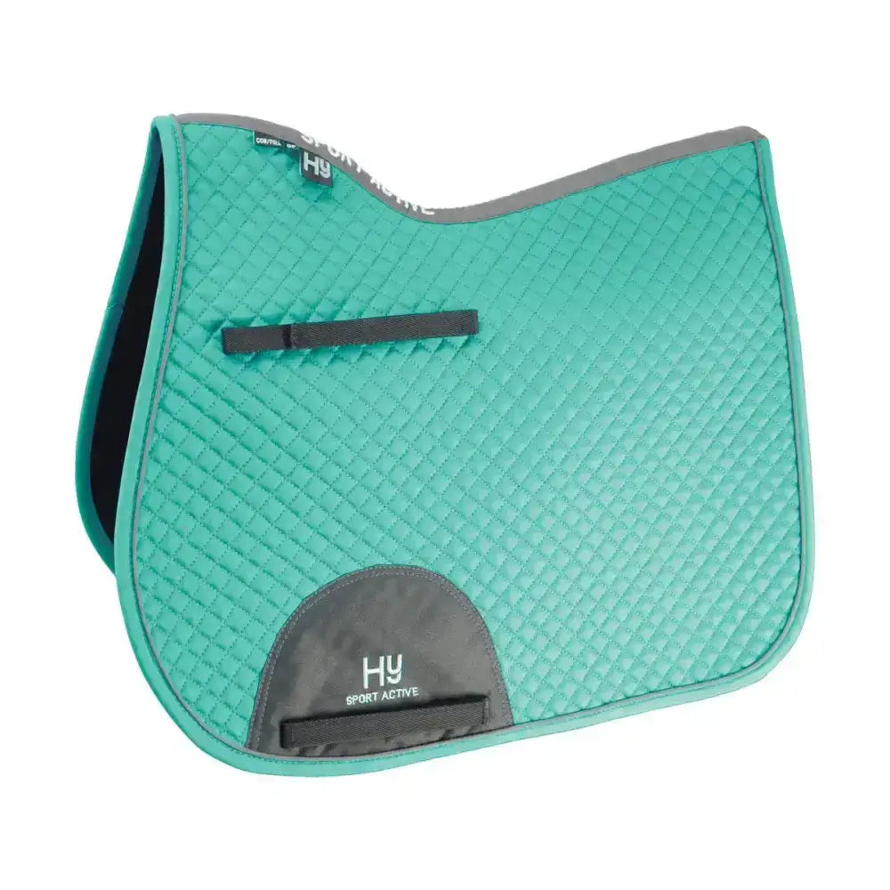 Teal quilted classic shaped general purpose saddle pad with gray trim black accents and hy sport active logo