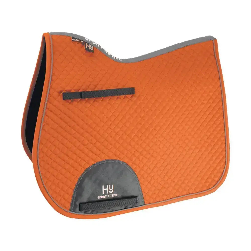 Orange quilted classic shaped general purpose saddle pad with gray trim black accents and hy sport active logo front