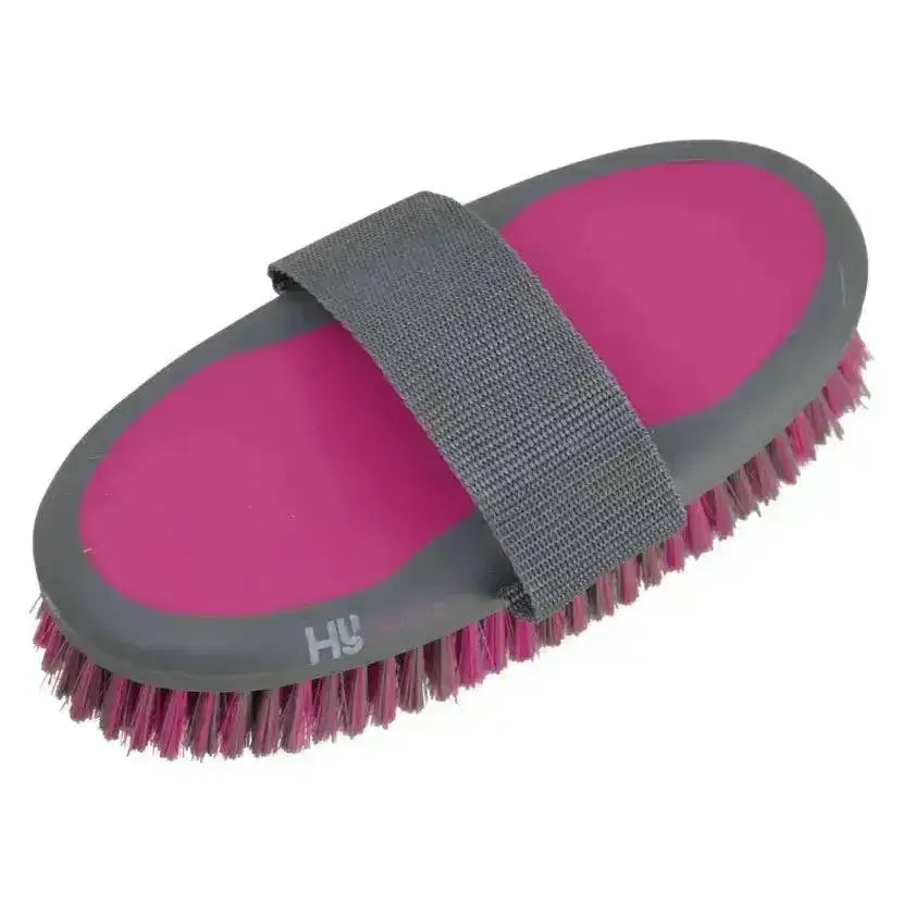 Pink and gray hy sport active groom body brush with padded strap for easy grooming and dirt removal