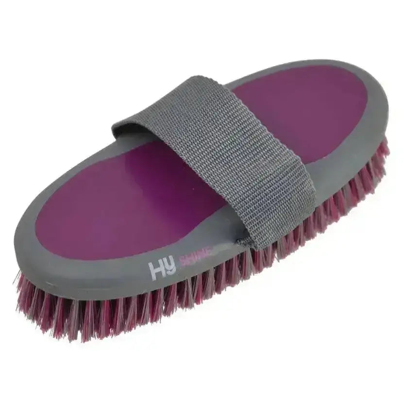 Purple and gray sport active groom body brush with padded strap for easy handling and comfortable grooming