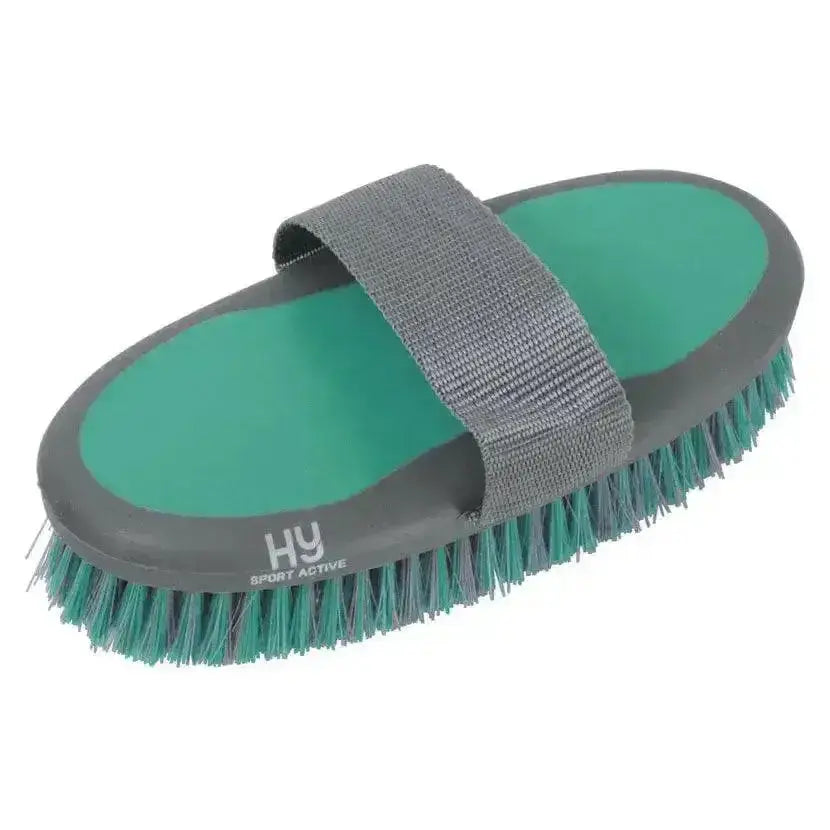 Teal and gray hy sport active groom body brush with padded strap for easy grip and effective grooming