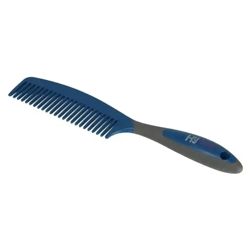 Blue and gray plastic active groom comb with textured grip handle from combs hy equestrian sport active groom collection