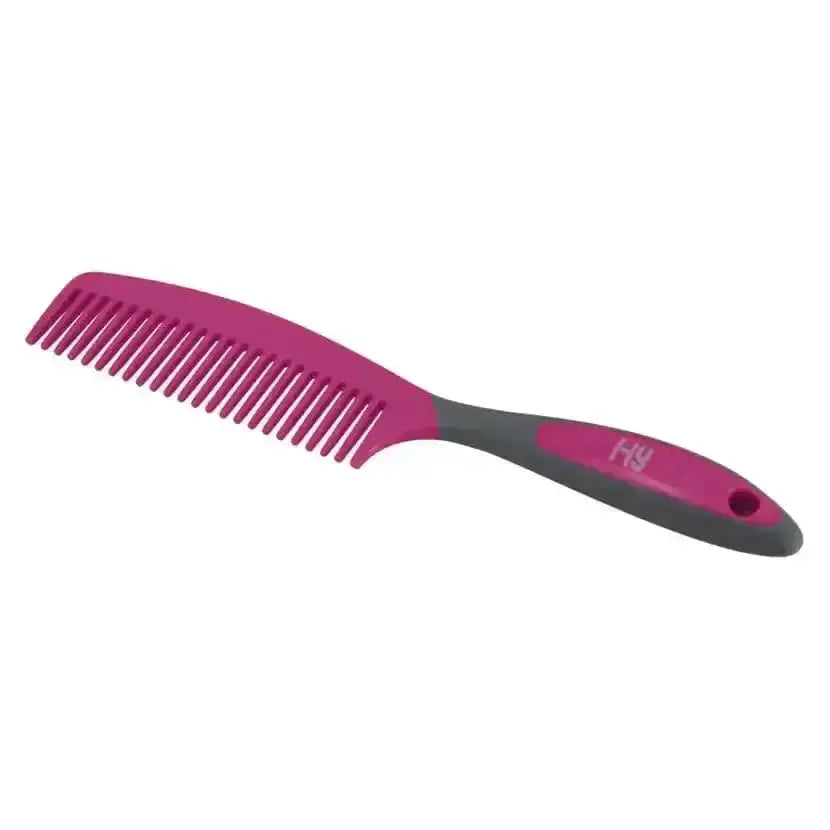 A vibrant pink and gray plastic active groom comb with a sleek ergonomic handle from combs hy equestrian