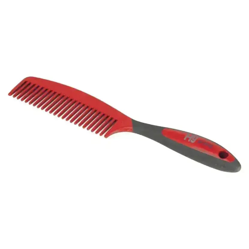 Red and gray plastic active groom comb with textured grip handle from hy sport active groom combs for equestrian use