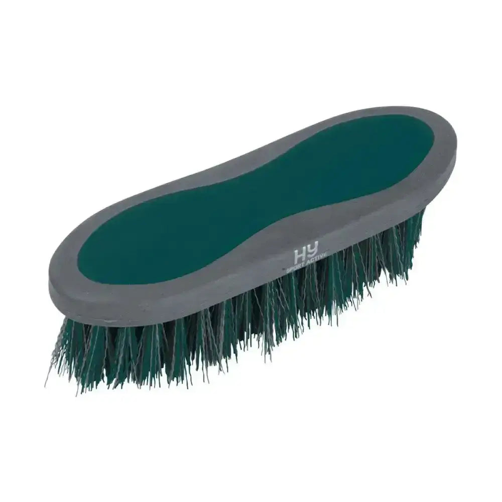 Green bristle active groom dandy brush with gray plastic handle and teal rubber grip for effective horse grooming