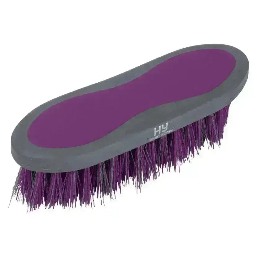 Purple and gray hy sport active groom dandy brush with dense stiff bristles perfect for grooming horses