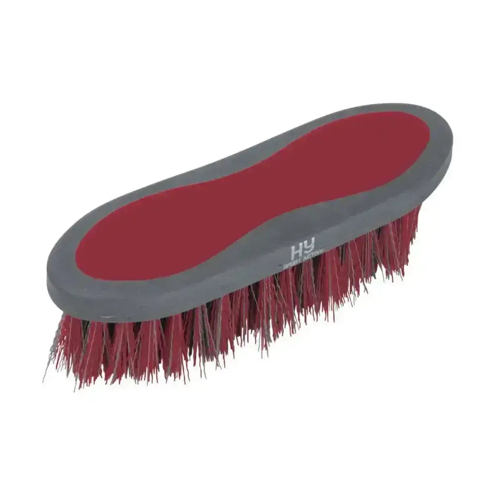 Red and gray active groom dandy brush with dense stiff bristles for effective horse grooming