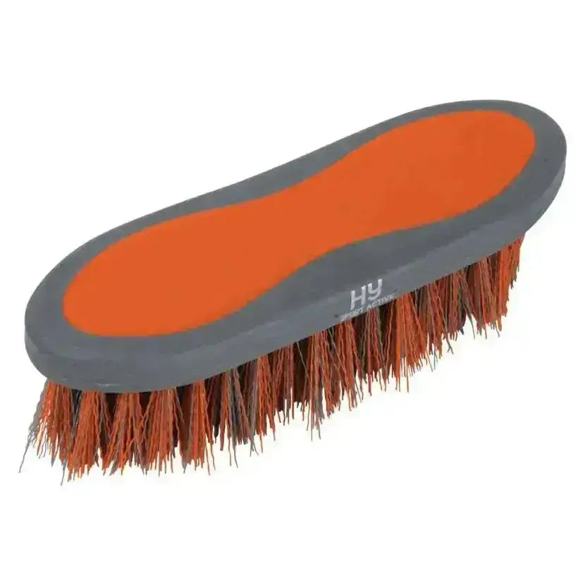 Orange and gray active groom dandy brush with reddish brown bristles for effective horse grooming