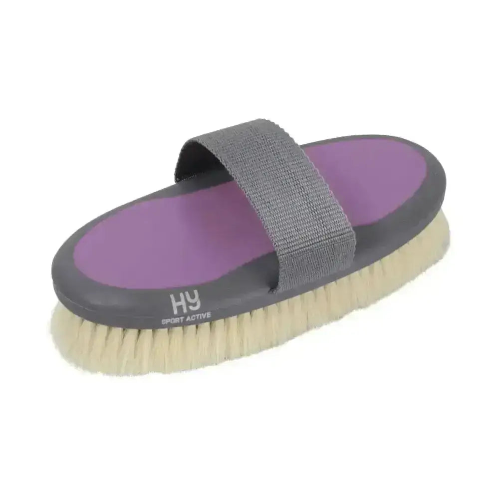 Hy sport active groom goat hair body brush with purple gray handle and soft beige bristle head for smooth grooming