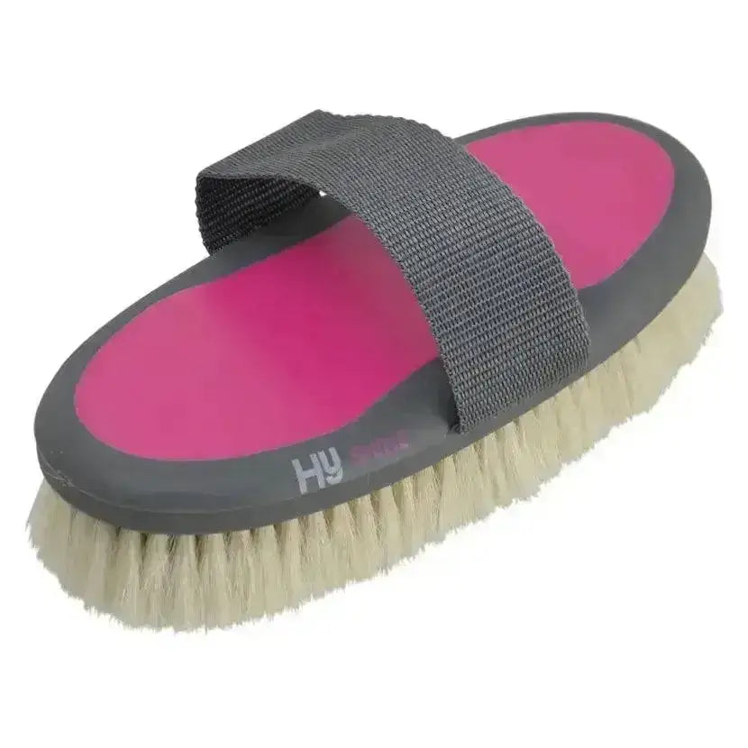 Pink and gray hy sport active groom goat hair body brush with beige bristles for effective horse grooming