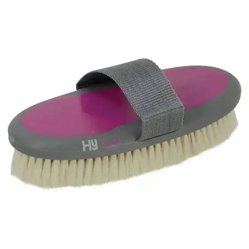 Hy sport active groom goat hair body brush with vibrant pink and gray handle and soft beige bristles for easy grooming