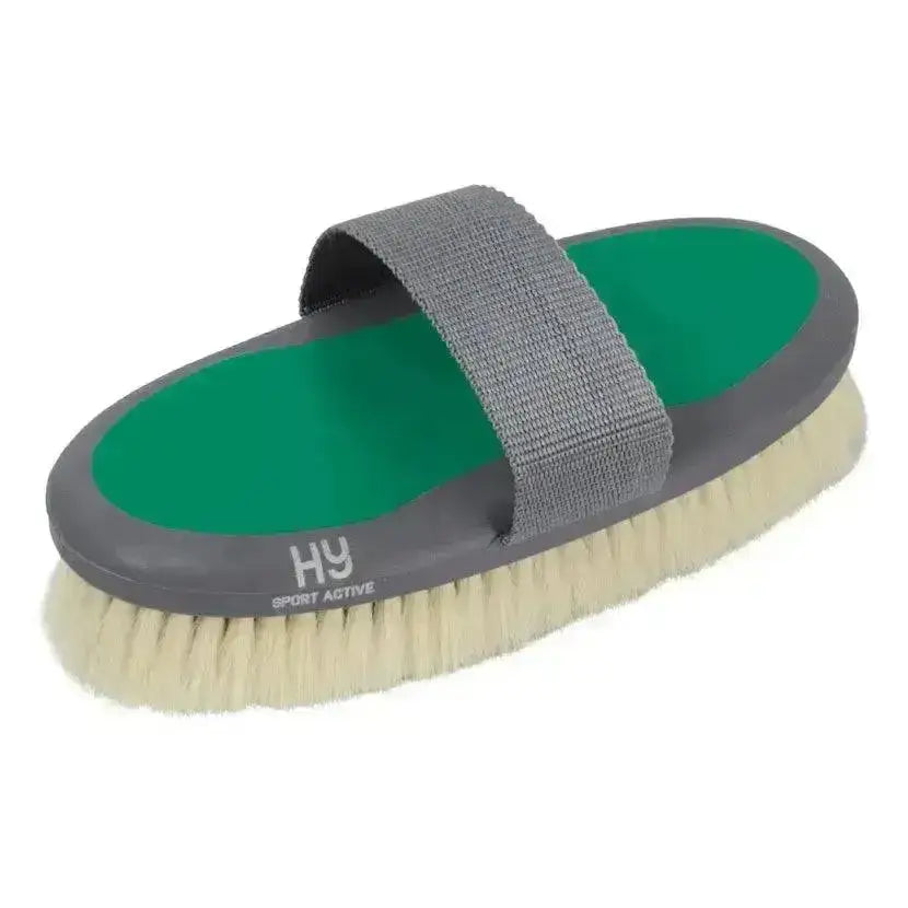 Gray and green hy sport active groom goat hair body brush with a soft beige-bristled head for smooth grooming