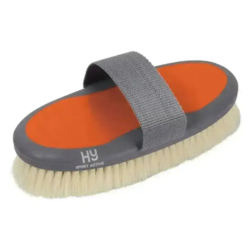Gray and orange hy sport active goat hair body brush with textured strap for sport active groom use