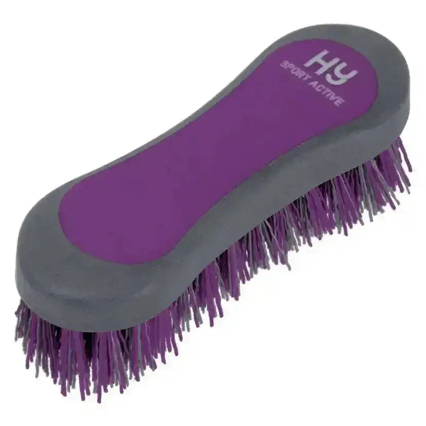 Hy sport active groom hoof brush with dense flexible bristles in purple and gray for equestrian active groom use
